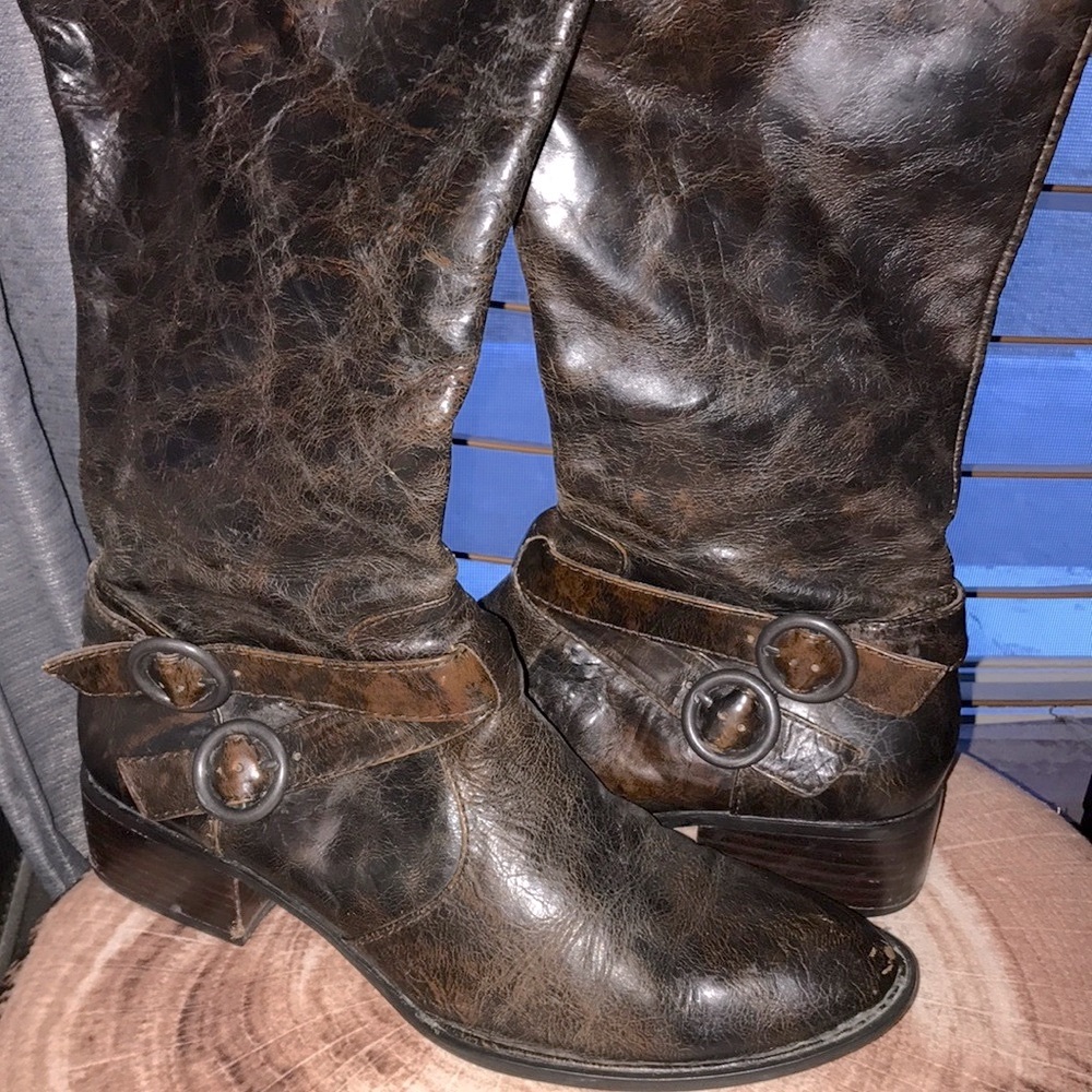 #204-(7)BORN crown Brown marble distressed Leather Knee High Riding Boots